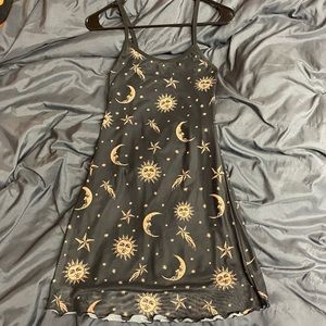 Dolls Kill Black Celestial Print Slip Dress Sheer Overlay / Mini Dress